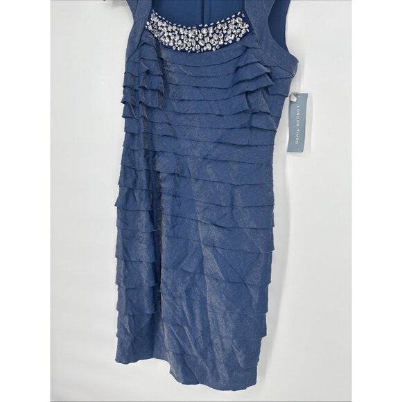 London Times Womens Size 6 Shimmer Blue Layered Rhinestone Neck Cocktail Dress - Picture 6 of 10